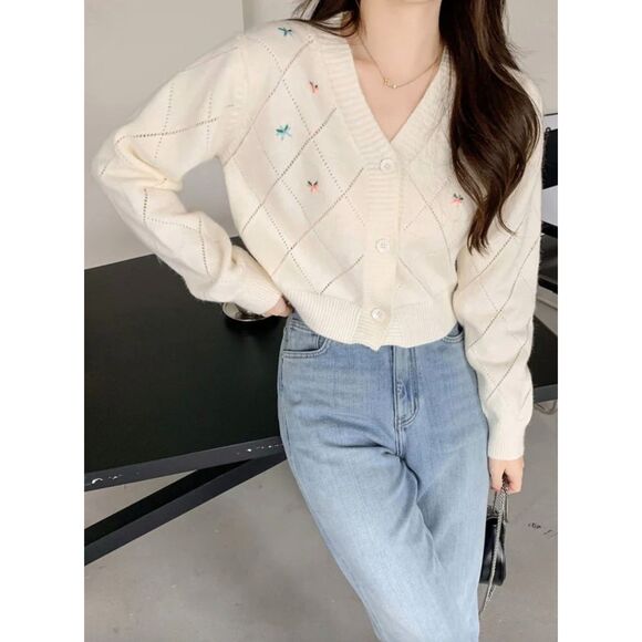 UNNI Cottagecore Cream Lattice Knit Cropped Cardigan with Floral Embroidery Sz S - Picture 2 of 10